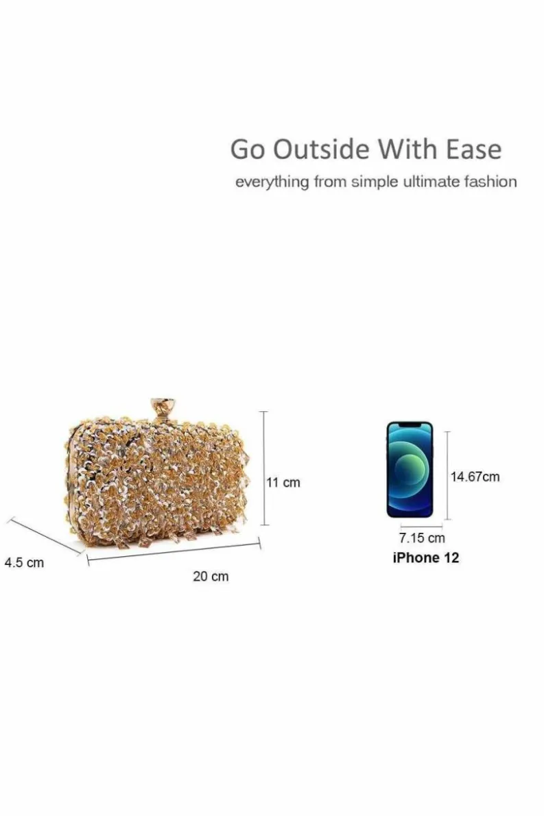 Clutch Bags*Kitise Gem Studded Sequin Elegant Evening Clutch Handbag With Golden Handle and Chain Strap Silver