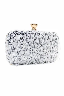 Clutch Bags*Kitise Gem Studded Sequin Elegant Evening Clutch Handbag With Golden Handle and Chain Strap Silver