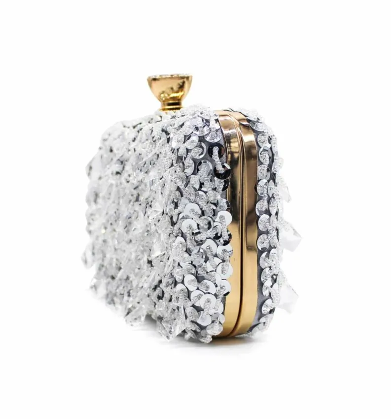 Clutch Bags*Kitise Gem Studded Sequin Elegant Evening Clutch Handbag With Golden Handle and Chain Strap Silver