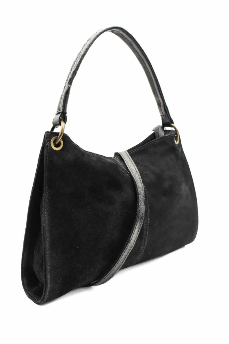 Shoulder Bags*Kitise Genuine Italian Suede Leather Stylish Small Shoulder Bag With Detachable Strap Black