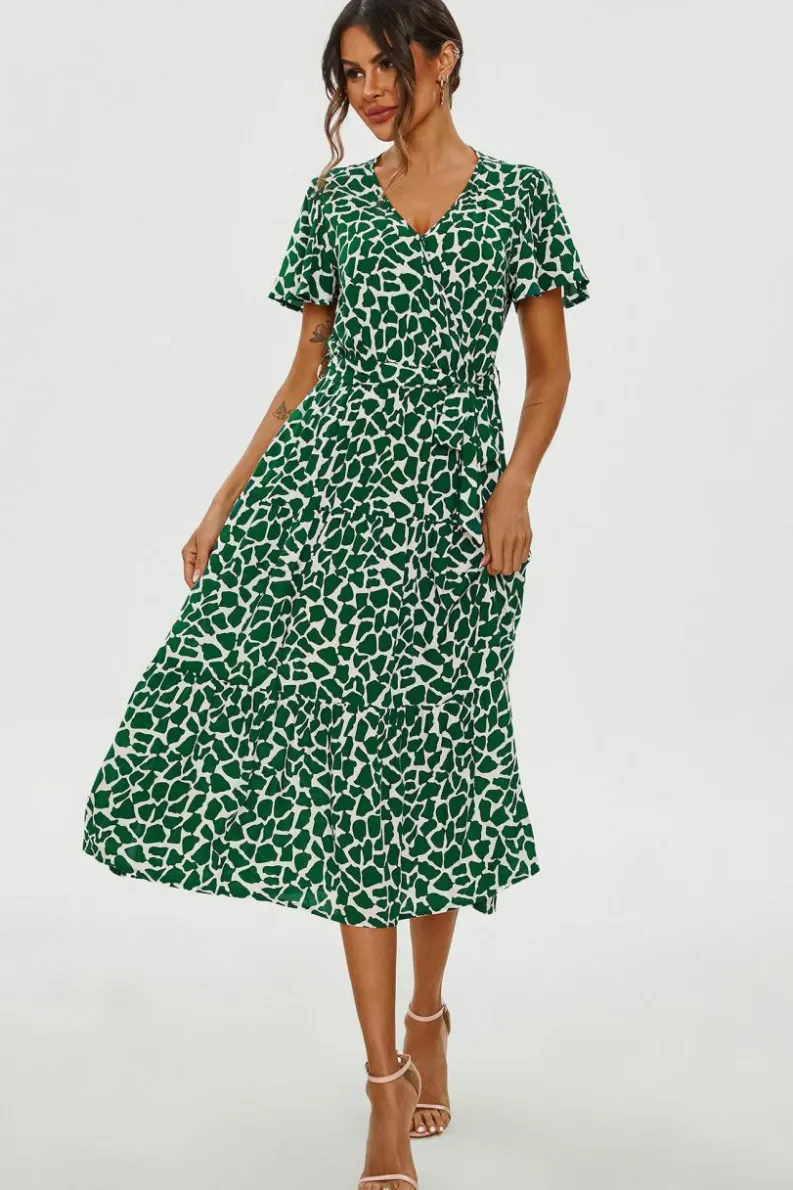 Wrap Dresses*FS Collection Geo Print Hem Tiered Wrap Midi Dress In Green