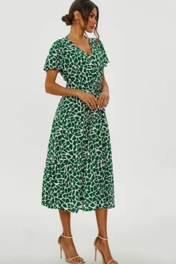 Wrap Dresses*FS Collection Geo Print Hem Tiered Wrap Midi Dress In Green