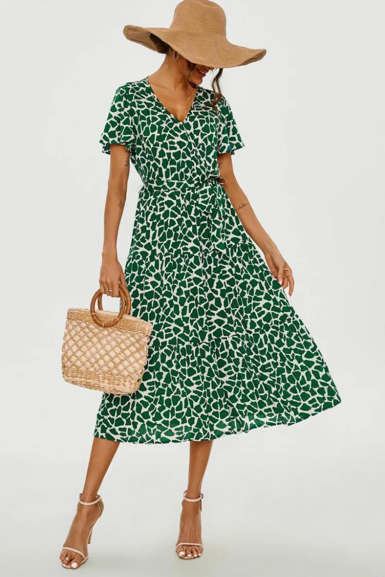Wrap Dresses*FS Collection Geo Print Hem Tiered Wrap Midi Dress In Green