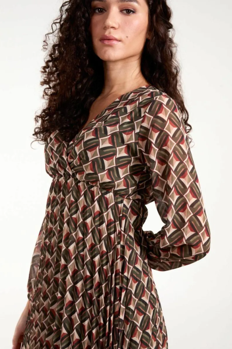 Wrap Dresses*Blue Vanilla Geo Print Wrap Front Pleated Dress Khaki