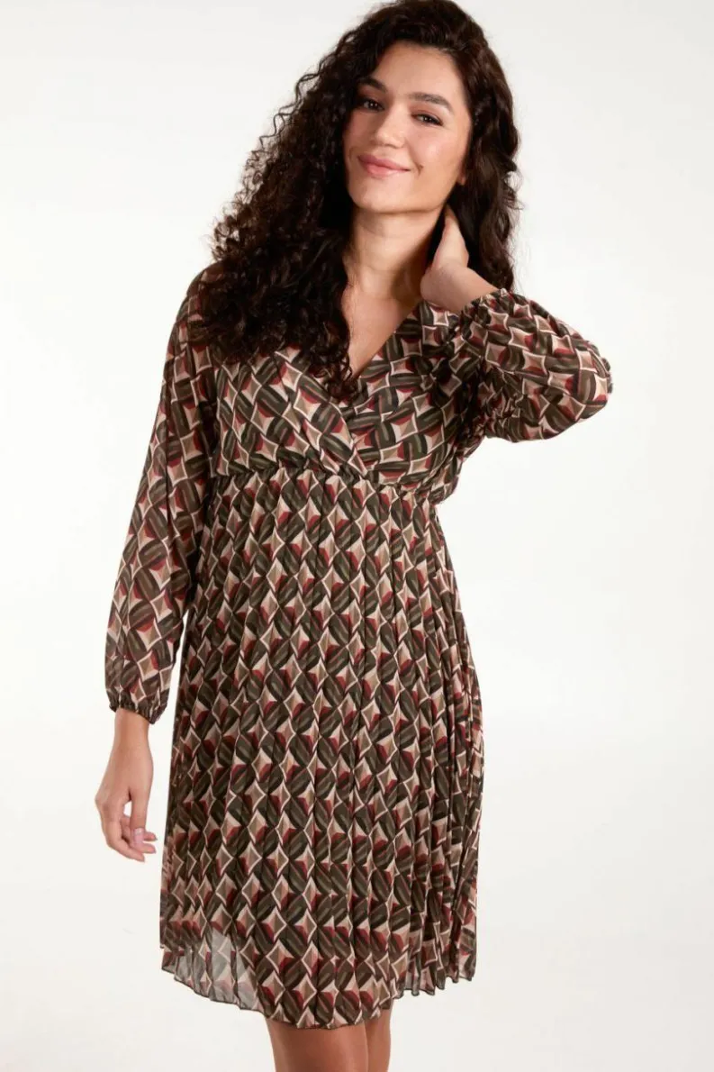 Wrap Dresses*Blue Vanilla Geo Print Wrap Front Pleated Dress Khaki