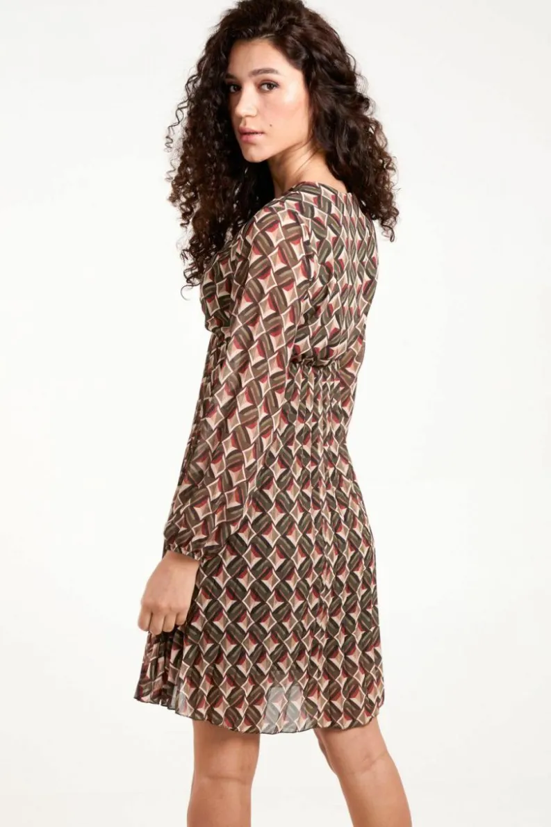 Wrap Dresses*Blue Vanilla Geo Print Wrap Front Pleated Dress Khaki