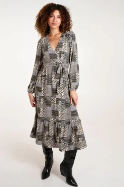 Wrap Dresses*Blue Vanilla Geometric Wrap Front Belted Midi Dress Khaki