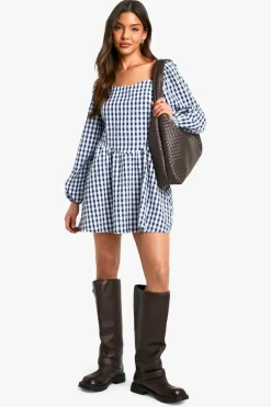 Skater Dresses*boohoo Gingham Long Sleeve Mini Dress navy