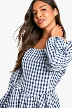 Skater Dresses*boohoo Gingham Long Sleeve Mini Dress navy