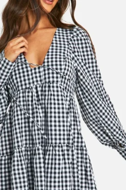 Smock Dresses*boohoo Gingham Puff Sleeve Tiered Smock Dress black