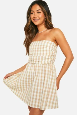 Smock Dresses*boohoo Gingham Ruched Bandeau Dress stone