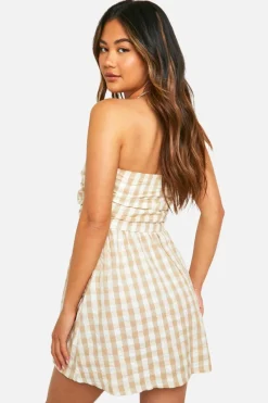 Smock Dresses*boohoo Gingham Ruched Bandeau Dress stone