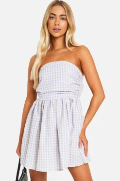 Smock Dresses*boohoo Gingham Ruched Bandeau Mini Dress lilac