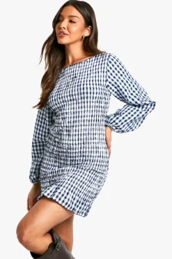 Bodycon Dresses*boohoo Gingham Shirred Long Sleeve Mini Dress navy