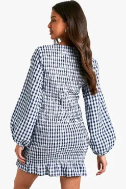 Bodycon Dresses*boohoo Gingham Shirred Long Sleeve Mini Dress navy