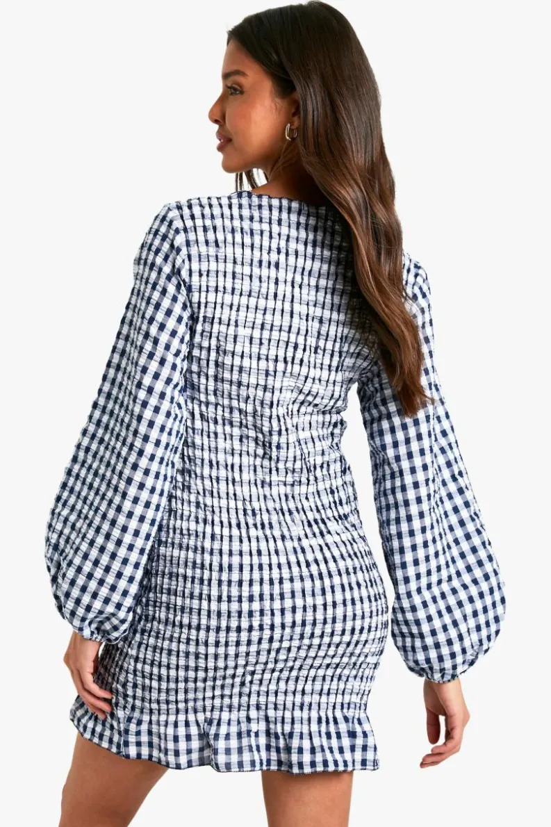 Bodycon Dresses*boohoo Gingham Shirred Long Sleeve Mini Dress navy