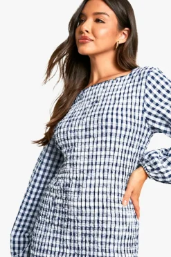 Bodycon Dresses*boohoo Gingham Shirred Long Sleeve Mini Dress navy
