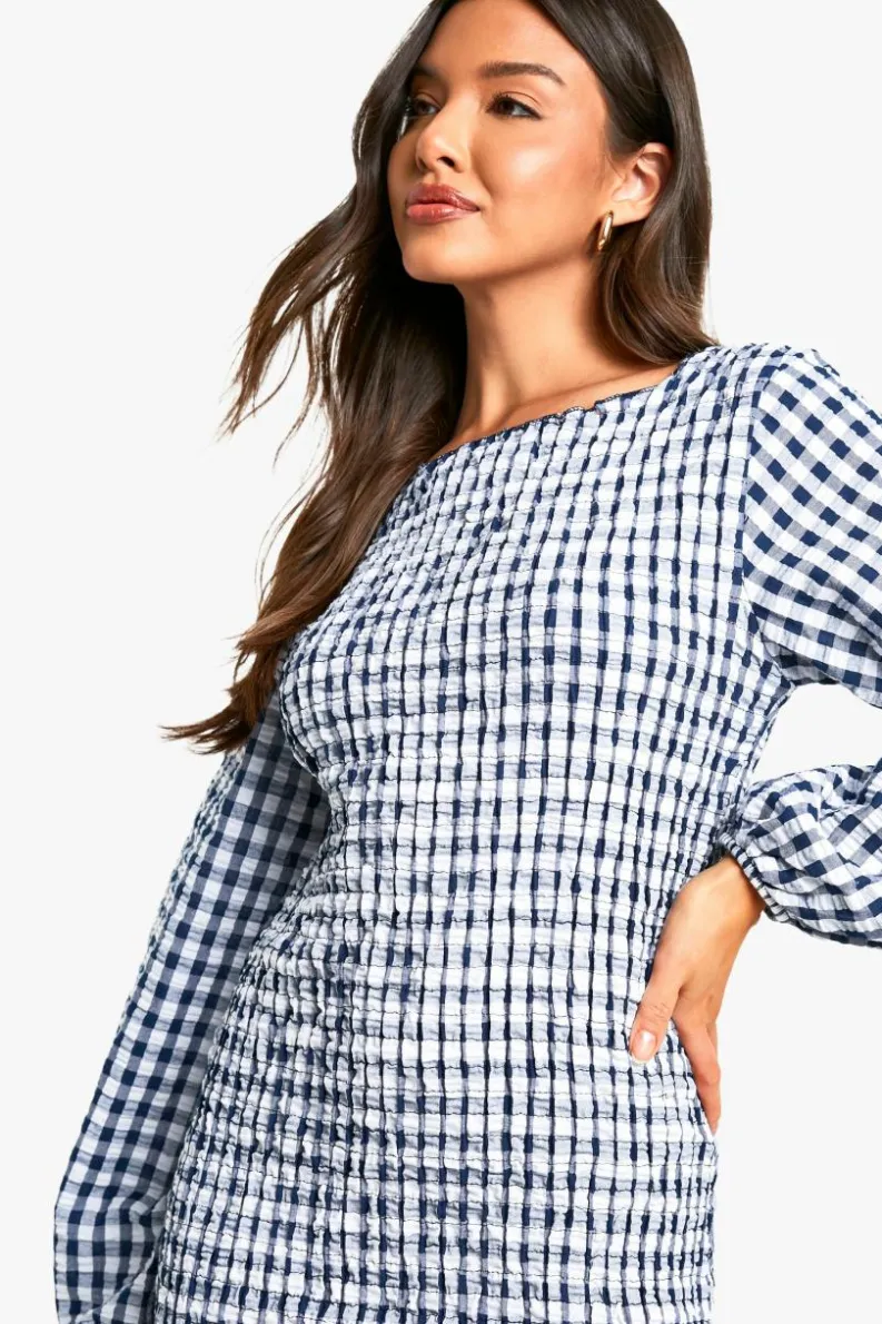 Bodycon Dresses*boohoo Gingham Shirred Long Sleeve Mini Dress navy