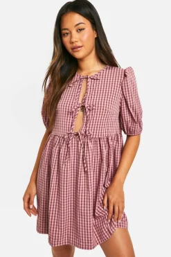 Smock Dresses*boohoo Gingham Tie Front Mini Dress brown