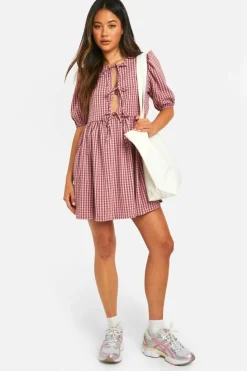 Smock Dresses*boohoo Gingham Tie Front Mini Dress brown