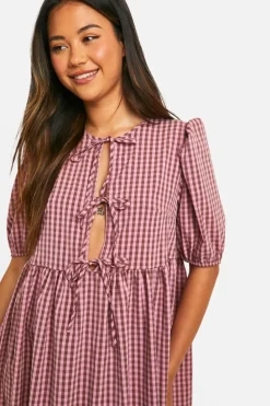 Smock Dresses*boohoo Gingham Tie Front Mini Dress brown