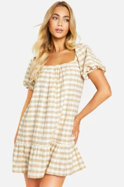 Smock Dresses*boohoo Gingham Tiered Smock Dress stone