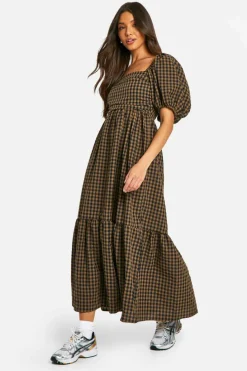 Smock Dresses*boohoo Gingham Volume Puff Sleeve Midaxi Dress brown