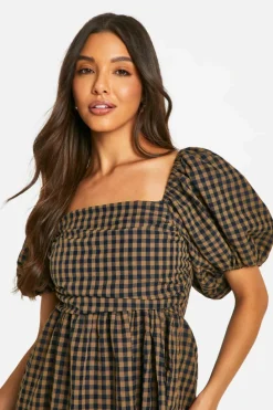 Smock Dresses*boohoo Gingham Volume Puff Sleeve Midaxi Dress brown