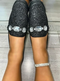 Flats*Love Lemonade Glitter Chunky Diamante Loafers Black