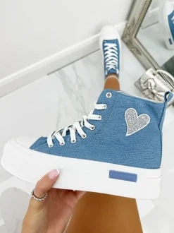 Trainers*Love Lemonade Glitter Heart Canvas High Top Trainers Blue