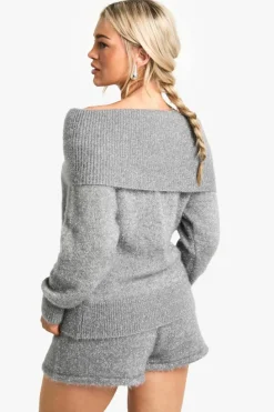 Knitted Co-Ords|Shorts*boohoo Glitter Knitted Bardot Top & Short Co-ord silver