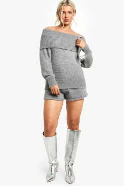 Knitted Co-Ords|Shorts*boohoo Glitter Knitted Bardot Top & Short Co-ord silver