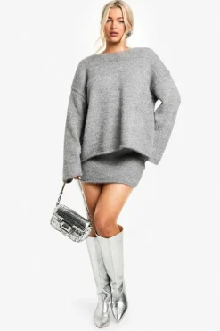 Knitted Co-Ords|Shorts*boohoo Glitter Knitted Bow Back Jumper & Mini Skirt Co-ord silver