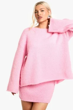 Knitted Co-Ords|Shorts*boohoo Glitter Knitted Bow Back Jumper & Mini Skirt Co-ord baby pink