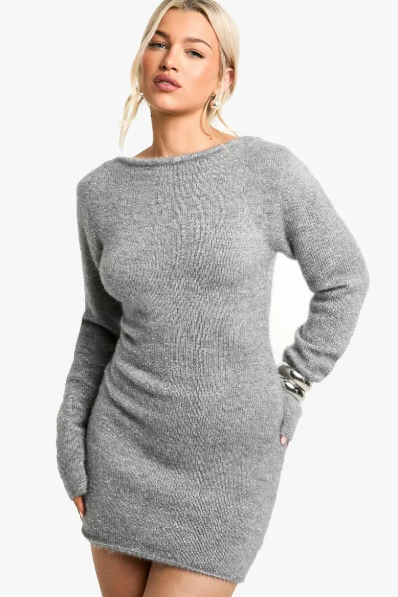 Jumper Dresses|Jumper Dresses*boohoo Glitter Knitted Open Back Mini Dress silver