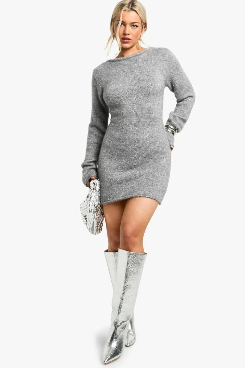Jumper Dresses|Jumper Dresses*boohoo Glitter Knitted Open Back Mini Dress silver