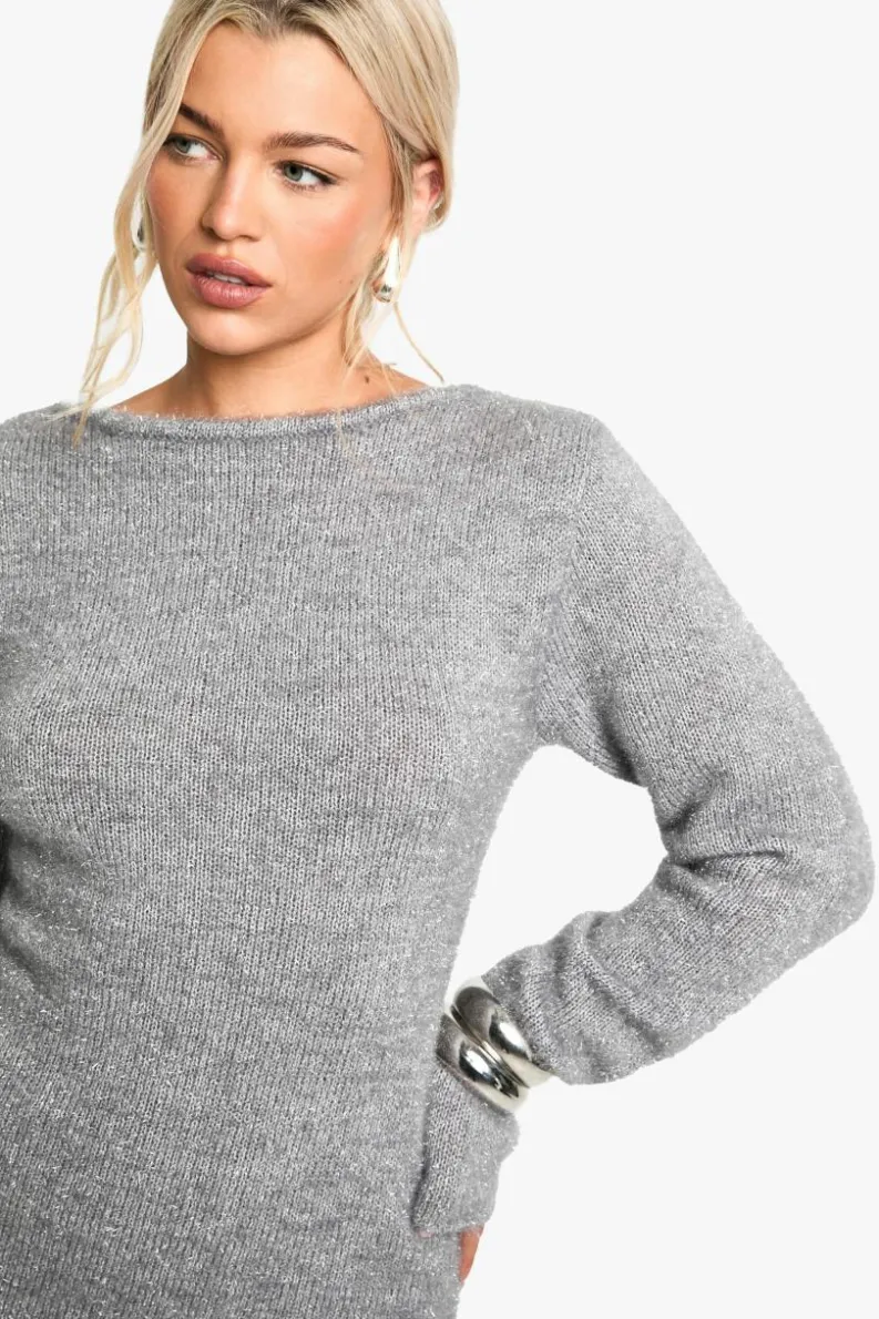 Jumper Dresses|Jumper Dresses*boohoo Glitter Knitted Open Back Mini Dress silver