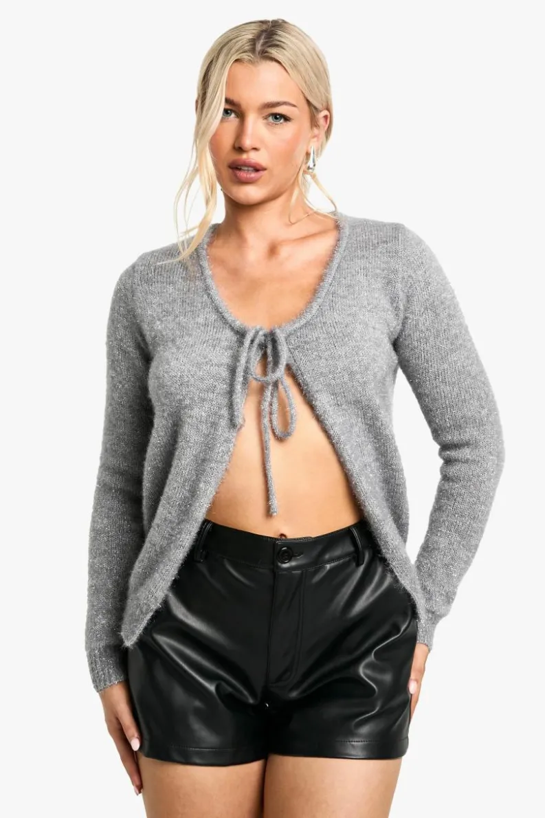 Knitted Tops*boohoo Glitter Knitted Tie Front Top silver