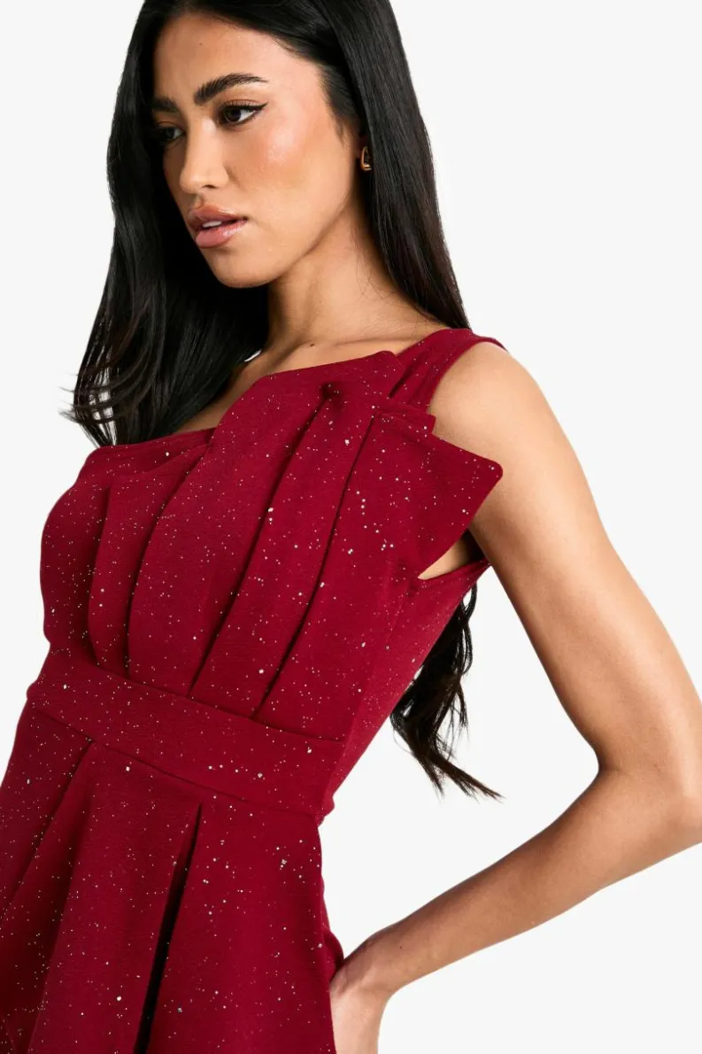 Bodycon Dresses*boohoo Glitter One Shoulder Pleat Detail Bodycon Dress berry