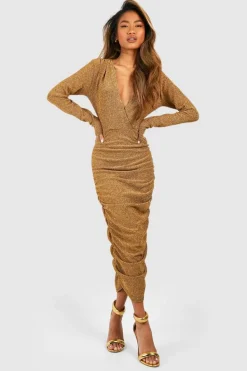 Wrap Dresses|Long Sleeve Dresses*boohoo Glitter Rouched Wrap Midaxi Dress gold