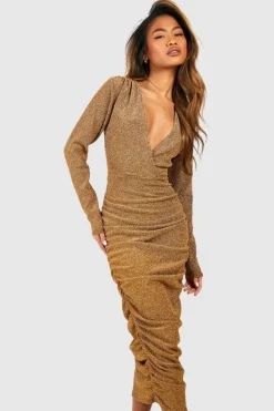 Wrap Dresses|Long Sleeve Dresses*boohoo Glitter Rouched Wrap Midaxi Dress gold