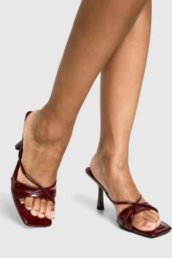 Heels*boohoo Glossy Crossover Strap Heeled Mule dark red