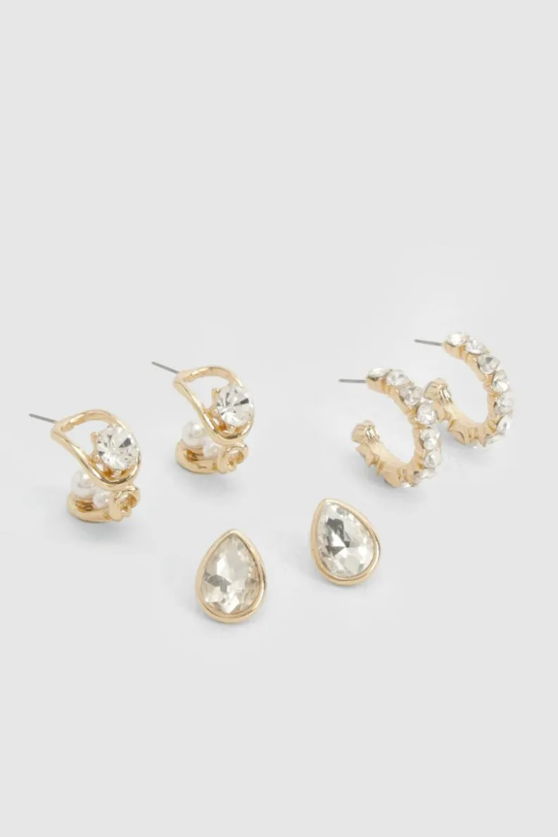 Earrings*boohoo Diamante Earring 3 Pack gold