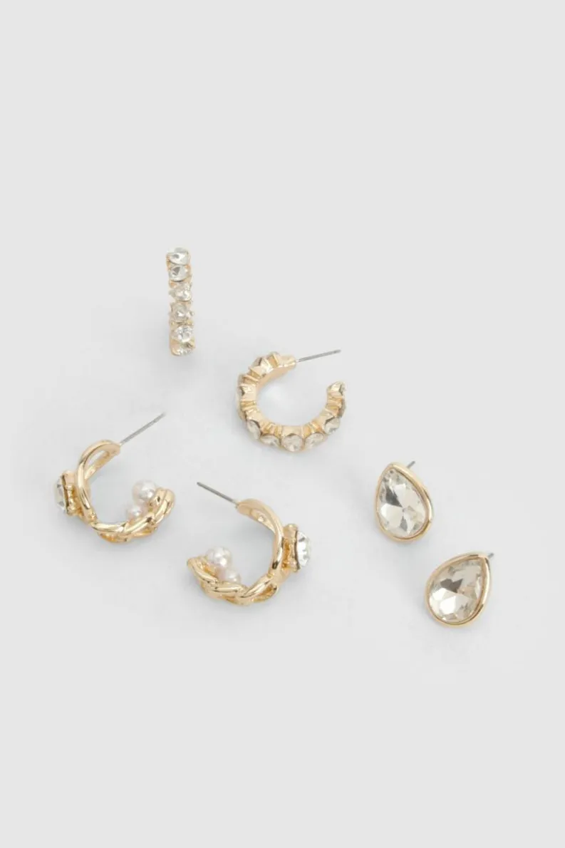 Earrings*boohoo Diamante Earring 3 Pack gold