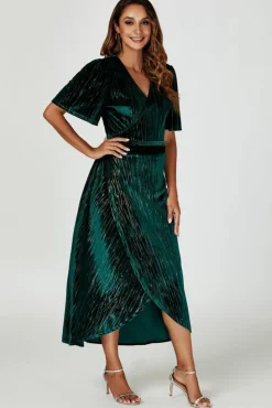 Wrap Dresses*FS Collection Gold Foil Velvet Wrap Maxi Dress In Green