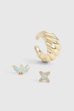 Earrings*boohoo Plated Opal Stone Detail Earring Set gold