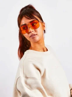 Sunglasses*SVNX Gold Rounded Aviator Style Sunglasses Orange