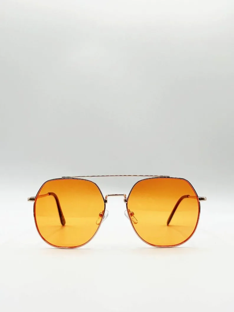 Sunglasses*SVNX Gold Rounded Aviator Style Sunglasses Orange