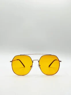 Sunglasses*SVNX Gold Rounded Aviator Style Sunglasses Yellow