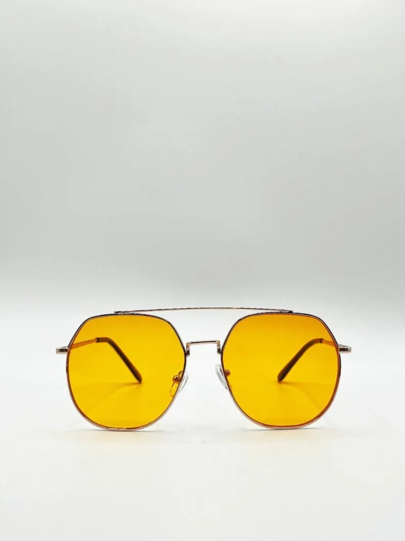 Sunglasses*SVNX Gold Rounded Aviator Style Sunglasses Yellow